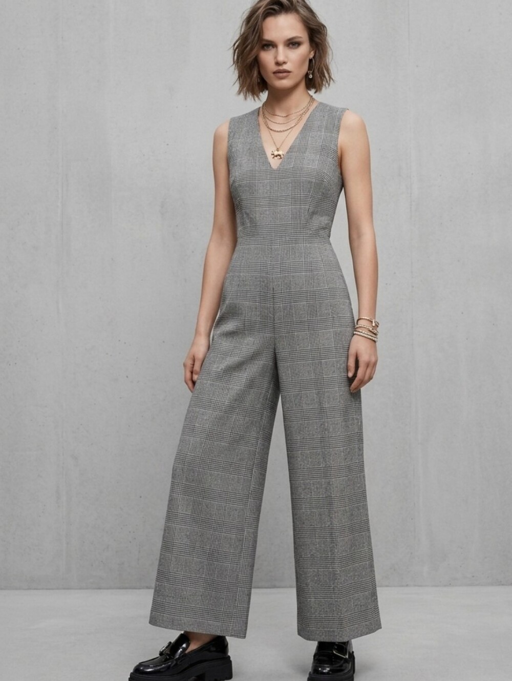 Karl Lagerfeld Glen Plaid Vintage Wide Leg Jumpsuit